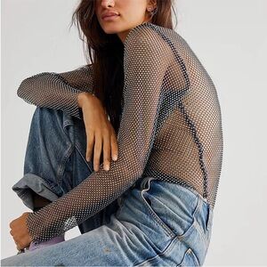 Free People Filter Finish Long Sleeve Top Large Jewelled Net Mesh